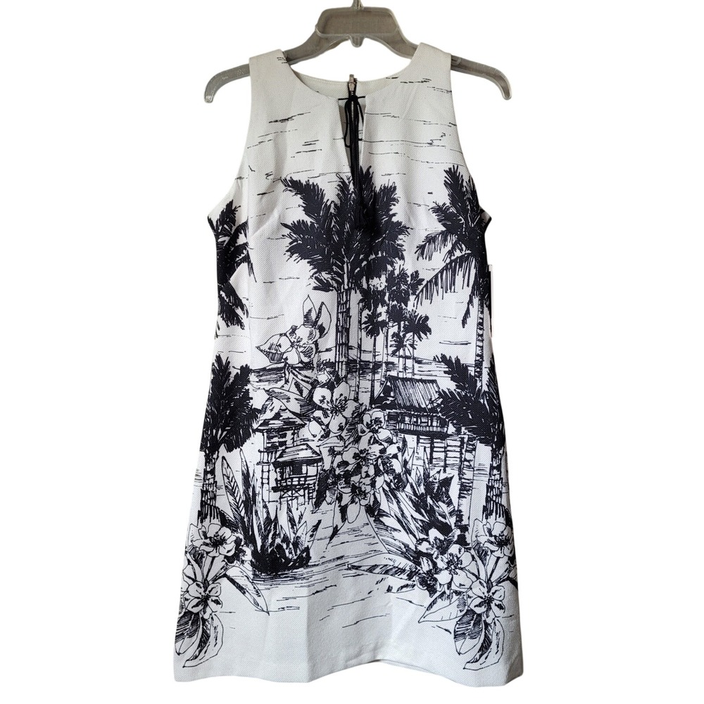 Julian Taylor NWT Sz 6 Sleeveless Shift Dress Black White Tropical Toile Resort